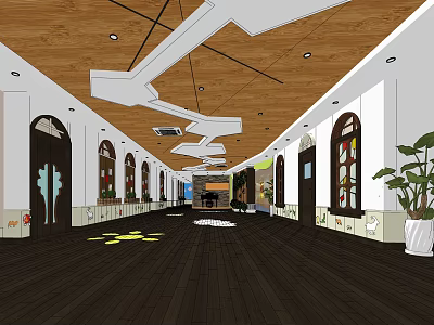 Modern Shop Front Desk With Wooden Ceiling Arched Doors Display Cabinets And Green Plants 3d model