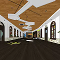 Modern Shop Front Desk With Wooden Ceiling Arched Doors Display Cabinets And Green Plants