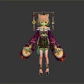 Woman with Pink Hair in Traditional Purple Gold Outfit Holding Yellow Objects and Decorative Headpiece