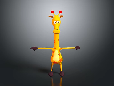 Yellow Cartoon Giraffe Character With Brown Spots Red Horns And Open Arms 3d model