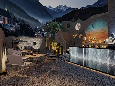 Scenic Mountain Backdrop Bar With Outdoor Seating Night View And Ambient Lighting Decor 3d model