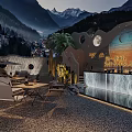 Scenic Mountain Backdrop Bar With Outdoor Seating Night View And Ambient Lighting Decor