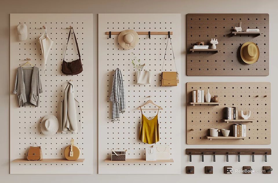 Minimalist White Wall Panel With Hooks For Hats Bags Storage Solution 3d model