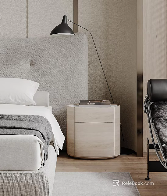Modern Round Light Wood Nightstand With Books In Bedroom Near Gray Headboard 3d model 