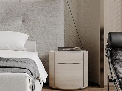 Modern Round Light Wood Nightstand With Books In Bedroom Near Gray Headboard 3d model
