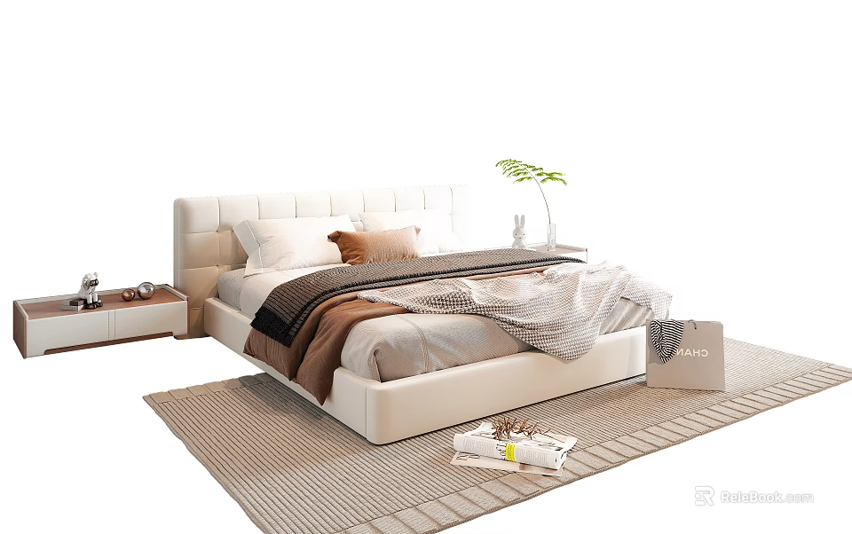 Modern Double Bed with Upholstered Headboard Pillows Cozy Blankets and Green Plant on Soft Rug 3d model 