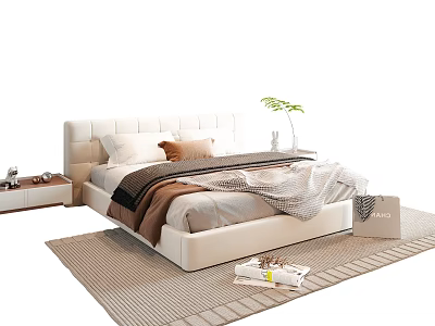 Modern Double Bed with Upholstered Headboard Pillows Cozy Blankets and Green Plant on Soft Rug 3d model