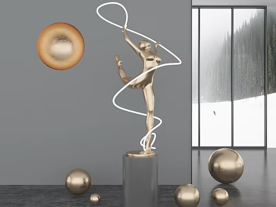 Golden Dancer Sculpture Carving With Spherical Ornaments In Modern Indoor Space With Snowy Mountain View 3d model