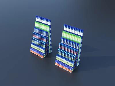 Two Piles Of Beverage Cans Stacked Neatly In Blue Green White And Orange 3d model