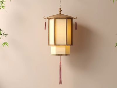 Traditional Chinese Lantern with Wooden Frame Linen Shade and Tassel Hanging on Beige Wall 3d model
