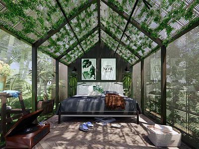Garden Glass Greenhouse Interior With Vine Covered Ceiling Cozy Bed And Green Plants 3d model