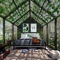 Garden Glass Greenhouse Interior With Vine Covered Ceiling Cozy Bed And Green Plants