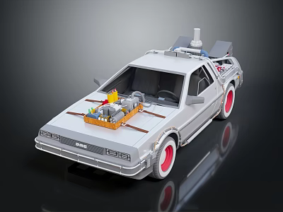 Silver DeLorean Car With Gull Wing Doors Red Wheels And Roof Mounted Device 3d model