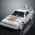 Silver DeLorean Car With Gull Wing Doors Red Wheels And Roof Mounted Device