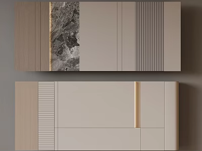 Modern Storage Cabinet Design With Wood Grain Marble Texture And Striped Panels Light Colored Surfaces 3d model
