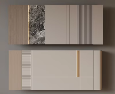 Modern Storage Cabinet Design With Wood Grain Marble Texture And Striped Panels Light Colored Surfaces 3d model