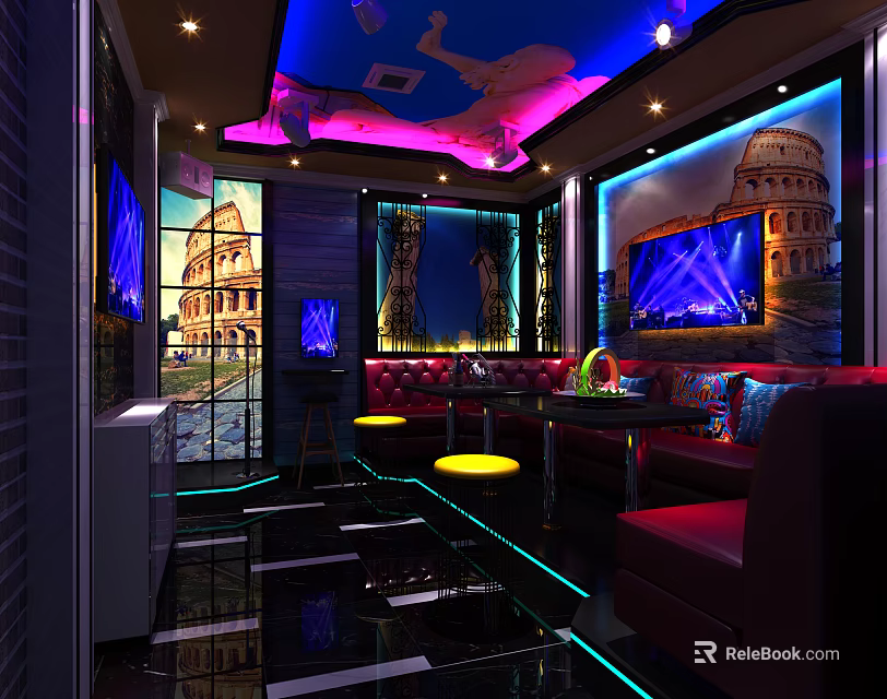Modern KTV Interior With Comfortable Sofas Large Screens Colorful Lighting And Decorative Murals 3d model