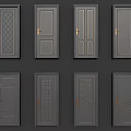 Gray Hinged Interior Doors With Various Panel Designs And Gold Accents 3d model