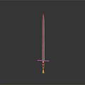 Sword with slim blade red hilt and metal guard against gray gradient background