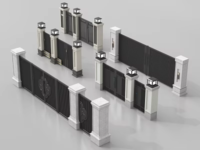 Multiple Modern And Classic Gate Designs With Stone Pillars And Lanterns 3d model