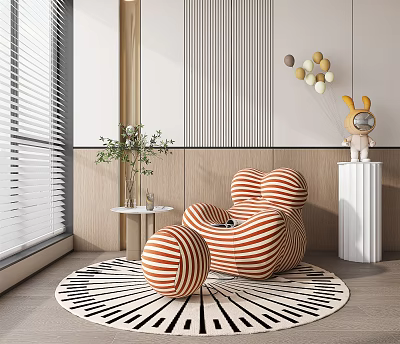 Striped Red and White Bean Bag Chair in Living Room with Round Rug 3d model