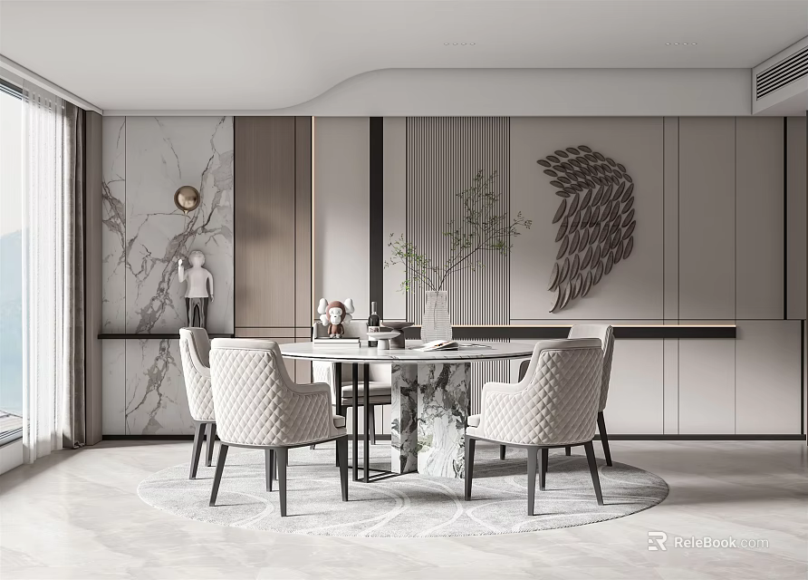 Modern Restaurant Interior With Round Marble Dining Table Woven Texture Chairs Feather Wall Decor 3d model