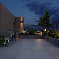 Roof Garden Night View With Lush Plants Outdoor Lighting And Tile Flooring