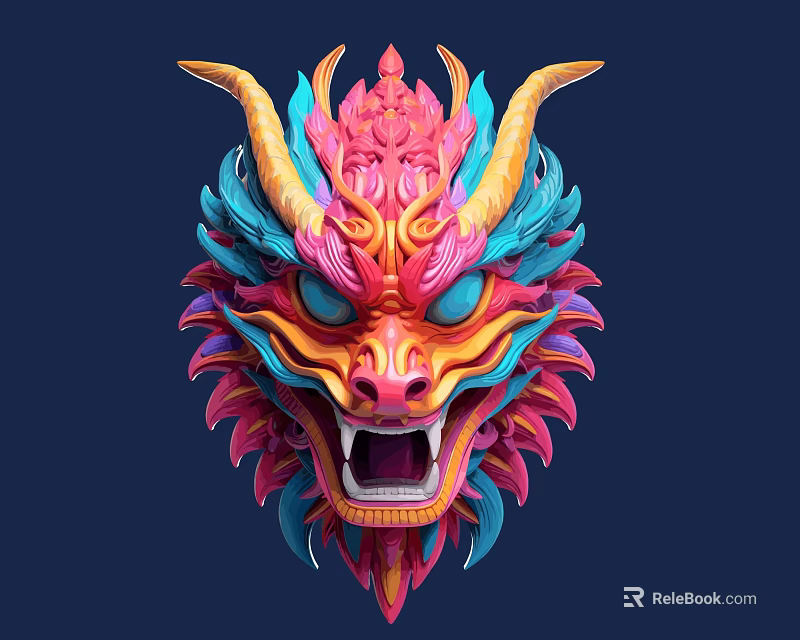 Colorful Dragon Head Mask as Game and Movie Character with Bright Horns and Feathers 3d model 