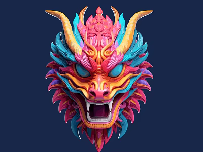 Colorful Dragon Head Mask as Game and Movie Character with Bright Horns and Feathers 3d model