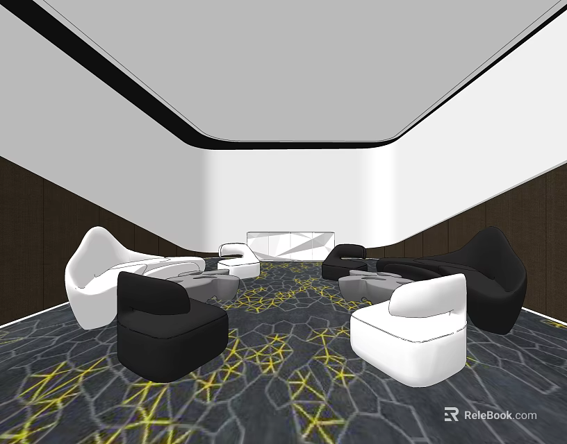 Modern Living Room Interior With White Black Sofa Coffee Table Set On Geometric Carpet 3d model 