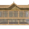 Traditional Two Story Wooden House With Classic Roof Balcony And Glass Windows