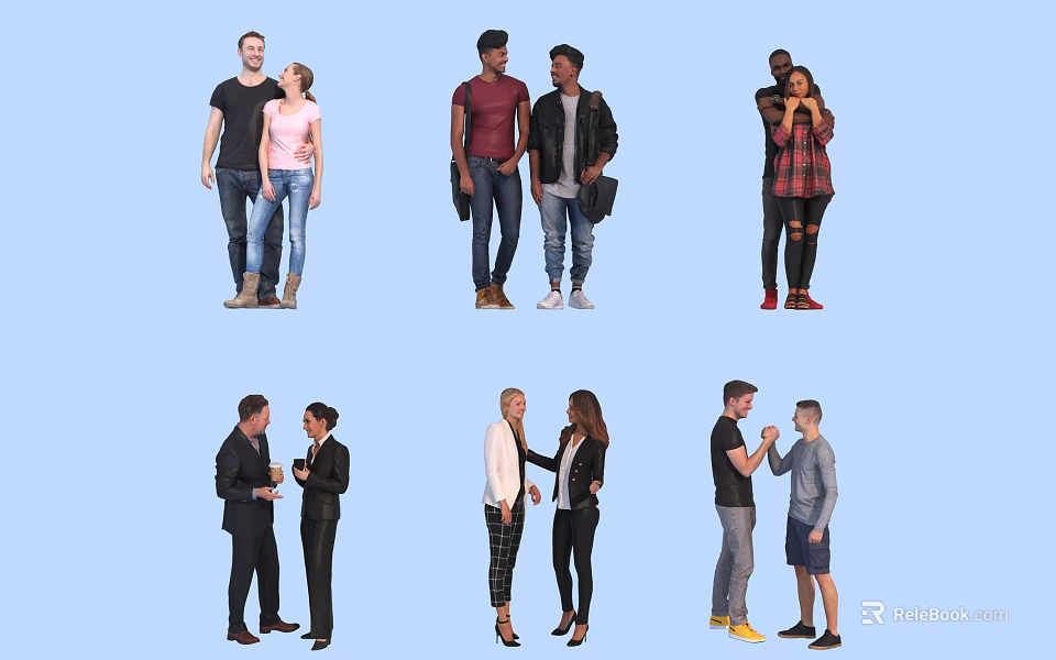 Group of People Standing and Interacting in Casual and Formal Outfits 3d model 
