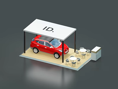 Exhibition Display Shelf Featuring Red Car White Canopy ID Sign and Tables Chairs 3d model