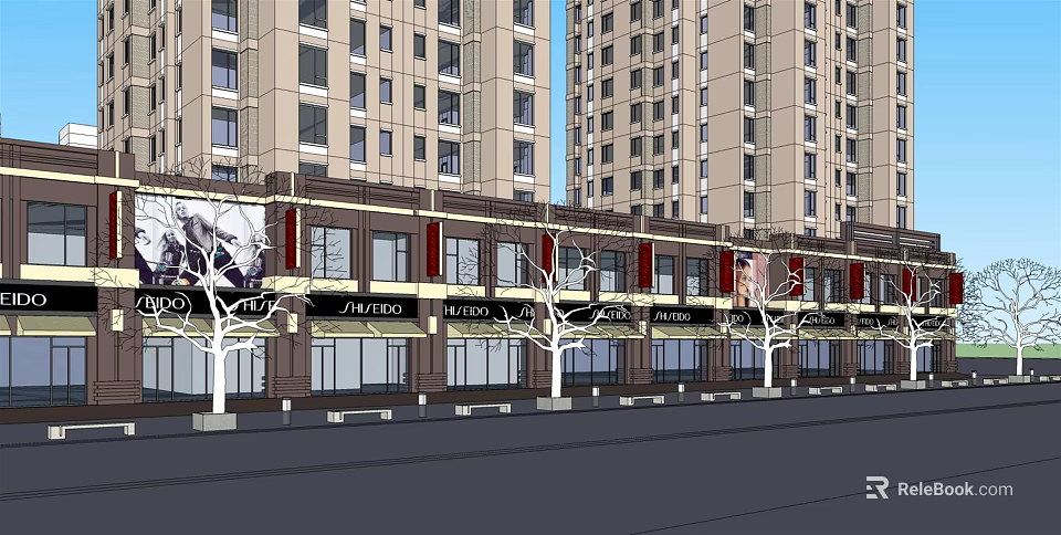 Street Facing Commercial Storefronts With High Rise Buildings And Signboards Design 3d model 