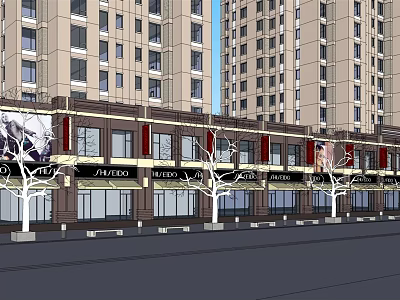 Street Facing Commercial Storefronts With High Rise Buildings And Signboards Design 3d model