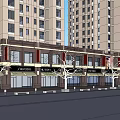 Street Facing Commercial Storefronts With High Rise Buildings And Signboards Design
