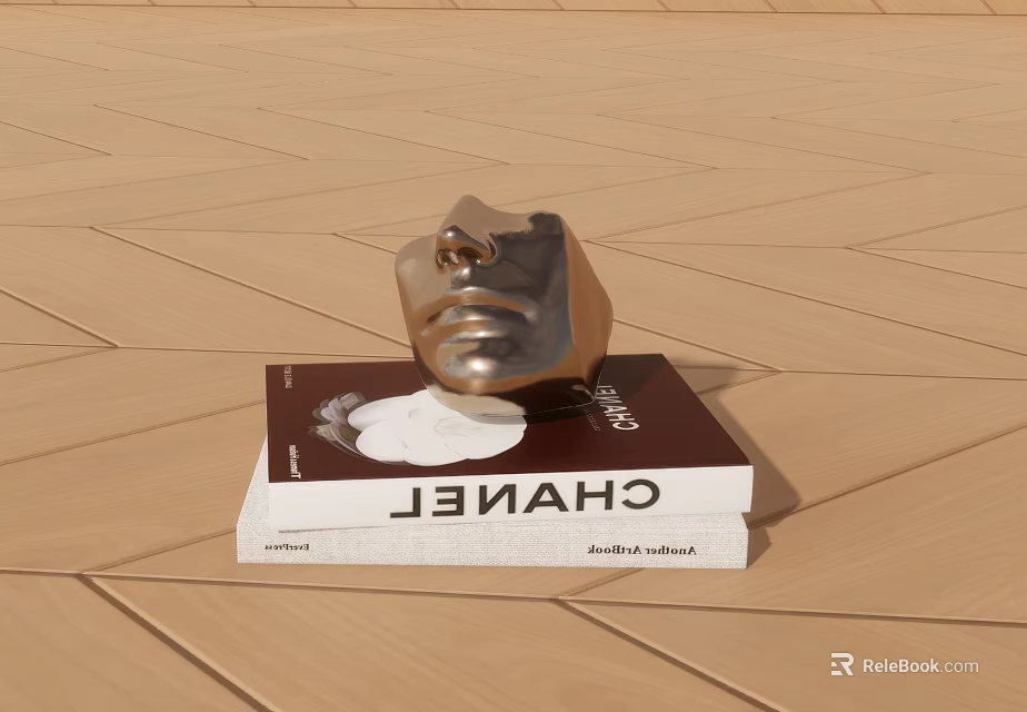 Chanel Themed Books With Silver Metallic Mask On Wooden Floor Surface 3d model 