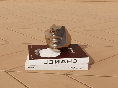 Chanel Themed Books With Silver Metallic Mask On Wooden Floor Surface 3d model