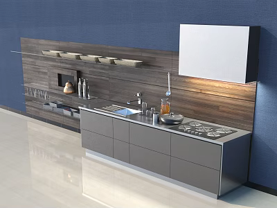 Modern Kitchen With Gray Cabinets Blue Wall Wooden Accent Countertop Sink And Stove 3d model