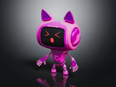 Purple Robot Character with Cat Ears Cute Cartoon Design and Screen Face 3d model