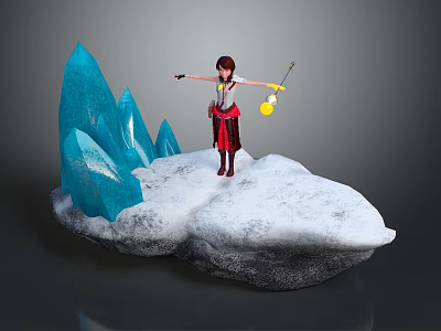 Character In Red Black Outfit With Yellow Lantern On Snowy Ground Near Blue Ice Spikes 3d model