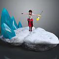 Character In Red Black Outfit With Yellow Lantern On Snowy Ground Near Blue Ice Spikes