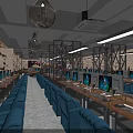 Modern Internet Cafe Featuring Gaming Computers Blue Chairs And Wooden Tables