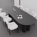 Modern Black Oval Dining Table Set With White Curved Backrest Chairs And Cylindrical Legs