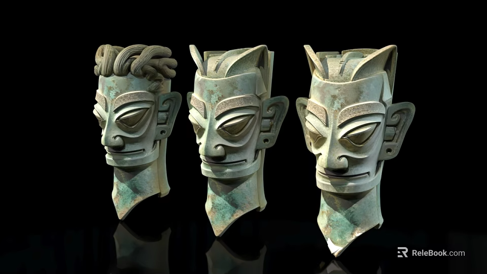 Ancient Bronze Masks With Unique Design Exaggerated Eyes Ears And Intricate Patterns On Black Background 3d model 