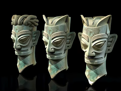 Ancient Bronze Masks With Unique Design Exaggerated Eyes Ears And Intricate Patterns On Black Background 3d model