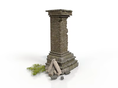 Modern Setting Showcasing Ancient Ruined Brick Pillar With Stone Base Wooden Logs And Grass 3d model