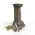 Modern Setting Showcasing Ancient Ruined Brick Pillar With Stone Base Wooden Logs And Grass