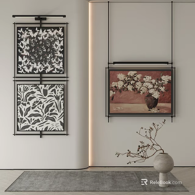 Botanical Paintings Wall Art With Black White And Colorful Flower Leaf Designs In Frames 3d model 