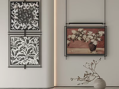 Botanical Paintings Wall Art With Black White And Colorful Flower Leaf Designs In Frames 3d model